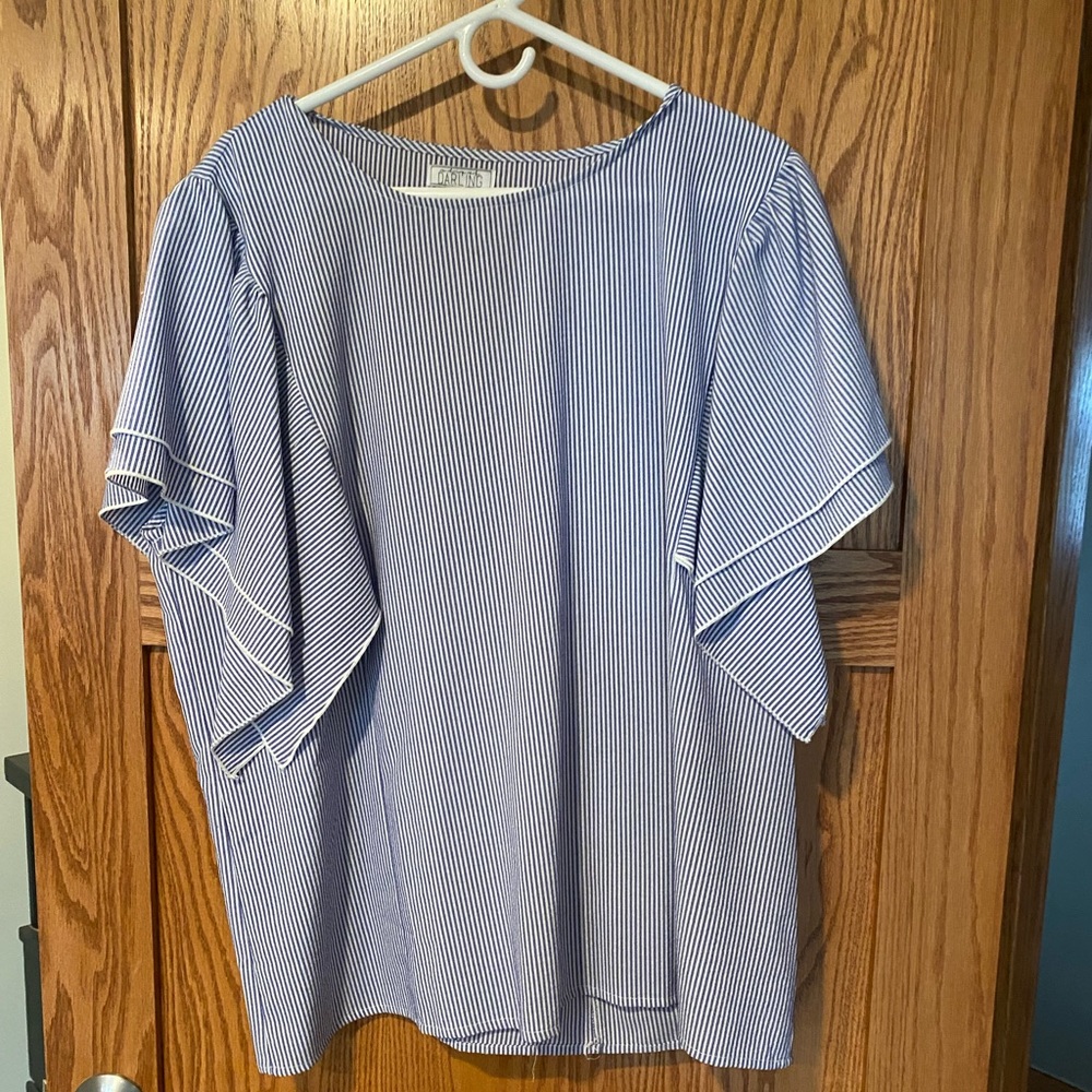 A Dip of Darling Blue and White Ruffle Sleeve Top  XXXL